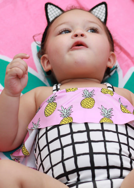 One Piece Ruffle Halter Swimsuit -Pineapple & B/W Grid