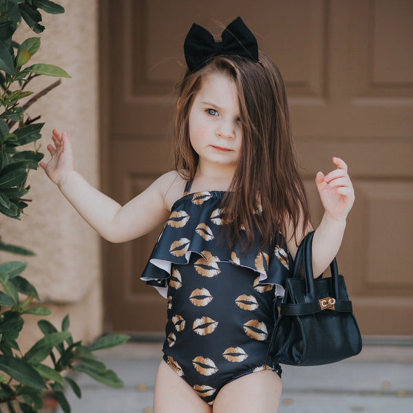 One Piece Ruffle Halter Swimsuit - Gold Lips & Gold Abstract