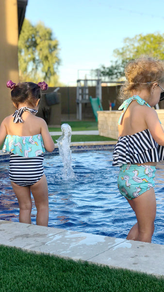 Double Ruffle Halter Bikini Top - Unicorn Floaty & Stripes