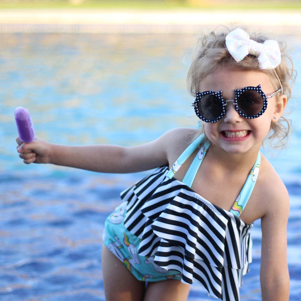 Double Ruffle Halter Bikini Top - Unicorn Floaty & Stripes