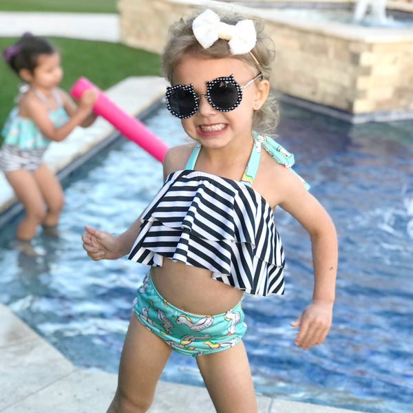 Double Ruffle Halter Bikini Top - Unicorn Floaty & Stripes