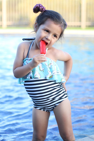 One Piece Ruffle Halter Swimsuit - Unicorn Float & Stripes