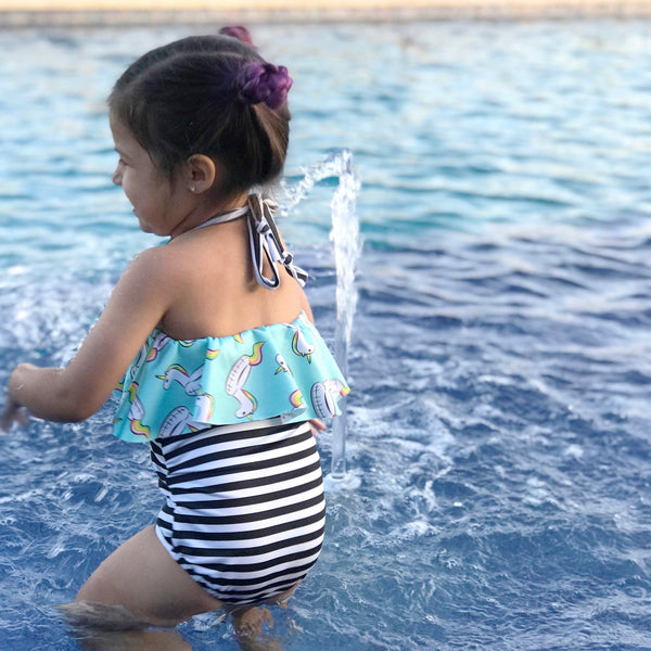 One Piece Ruffle Halter Swimsuit - Unicorn Float & Stripes
