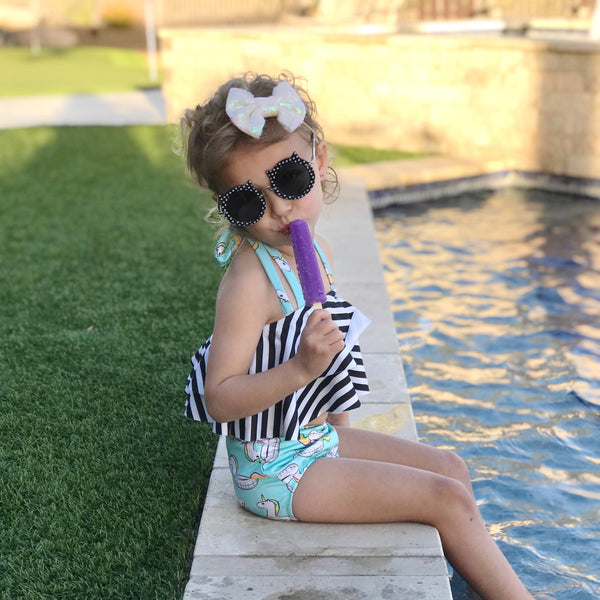 Double Ruffle Halter Bikini Top - Unicorn Floaty & Stripes