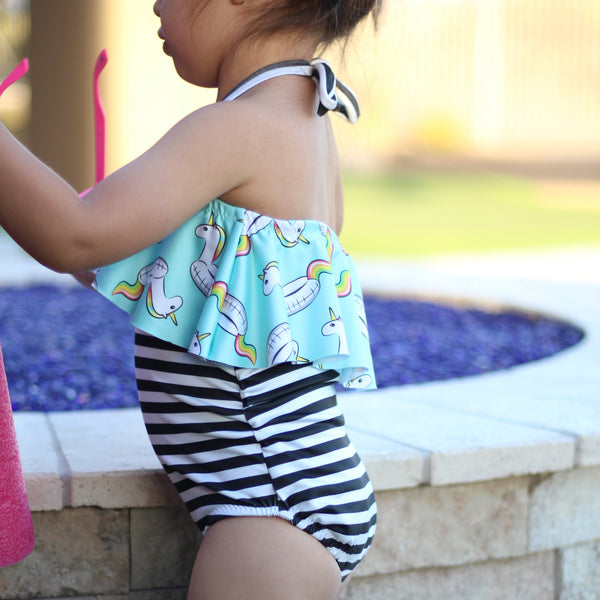One Piece Ruffle Halter Swimsuit - Unicorn Float & Stripes