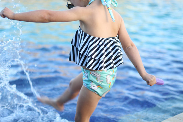 Double Ruffle Halter Bikini Top - Unicorn Floaty & Stripes