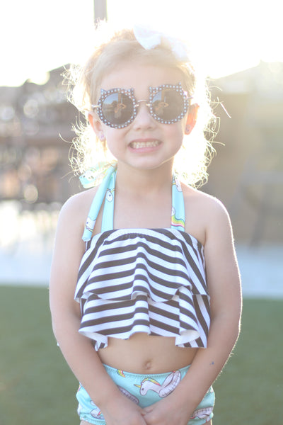 Double Ruffle Halter Bikini Top - Unicorn Floaty & Stripes