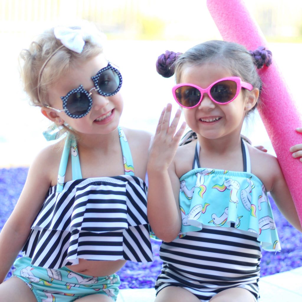 Double Ruffle Halter Bikini Top - Unicorn Floaty & Stripes