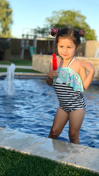 One Piece Ruffle Halter Swimsuit - Unicorn Float & Stripes