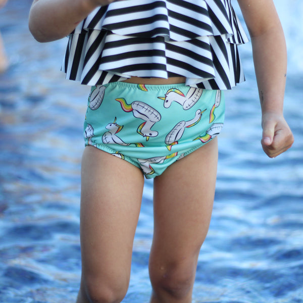 Double Ruffle Halter Bikini Top - Unicorn Floaty & Stripes