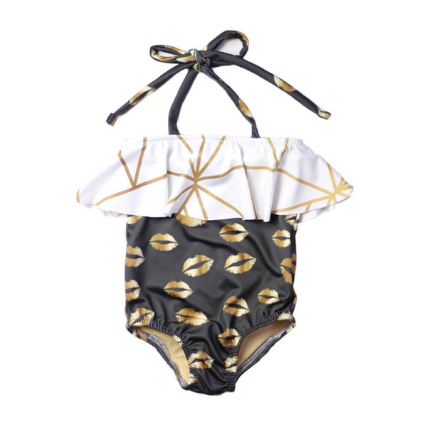 One Piece Ruffle Halter Swimsuit - Gold Lips & Gold Abstract