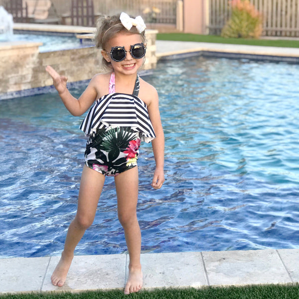 One Piece Ruffle Halter Swimsuit - Floral Palm Leaves & Stripes