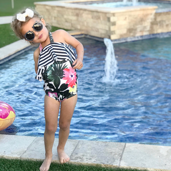 One Piece Ruffle Halter Swimsuit - Floral Palm Leaves & Stripes