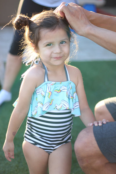 One Piece Ruffle Halter Swimsuit - Unicorn Float & Stripes