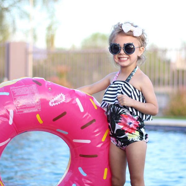 One Piece Ruffle Halter Swimsuit - Floral Palm Leaves & Stripes