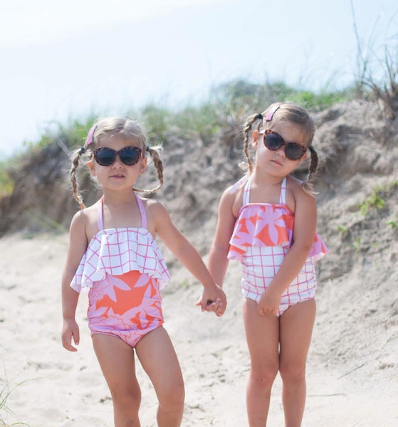 Ruffle Halter Swimsuit - Coral Floral/Pink Grid