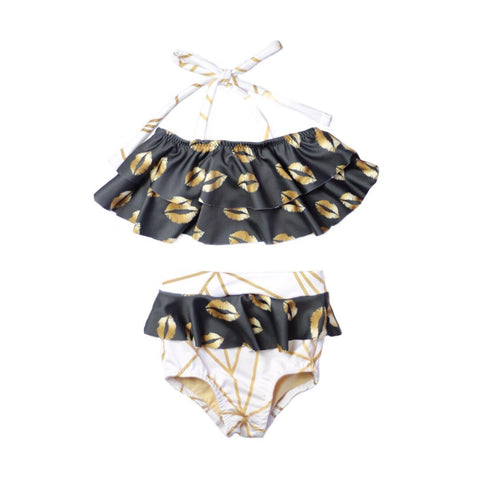 Double Ruffle Halter Bikini Top - Gold Lips & Gold Abstract