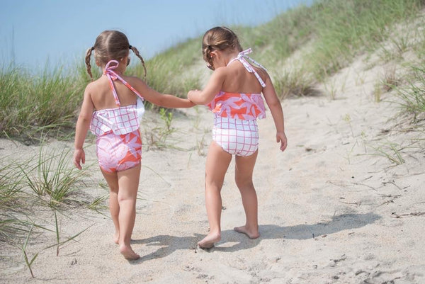 Ruffle Halter Swimsuit - Coral Floral/Pink Grid