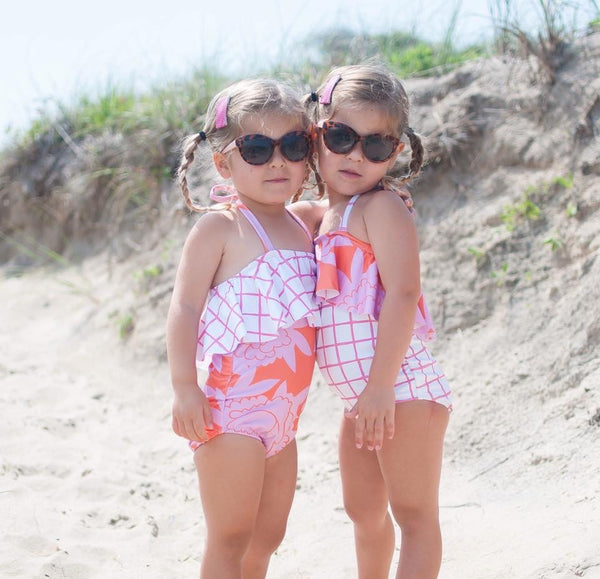 Ruffle Halter Swimsuit - Coral Floral/Pink Grid