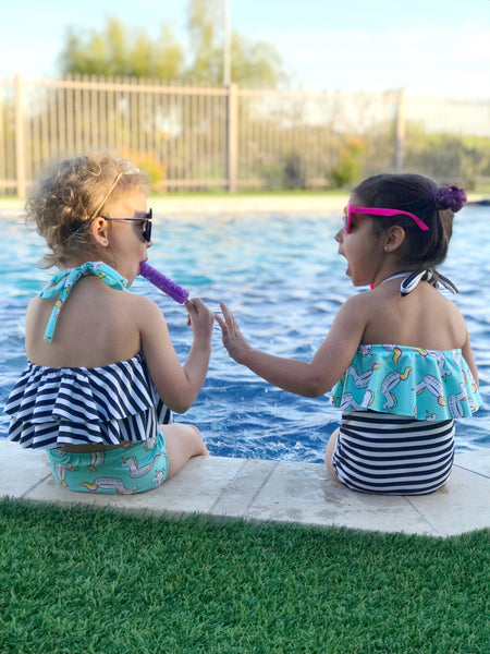 One Piece Ruffle Halter Swimsuit - Unicorn Float & Stripes