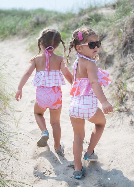 Ruffle Halter Swimsuit - Coral Floral/Pink Grid