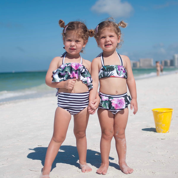 Double Ruffle Halter Bikini Top - Floral Palms & Stripes