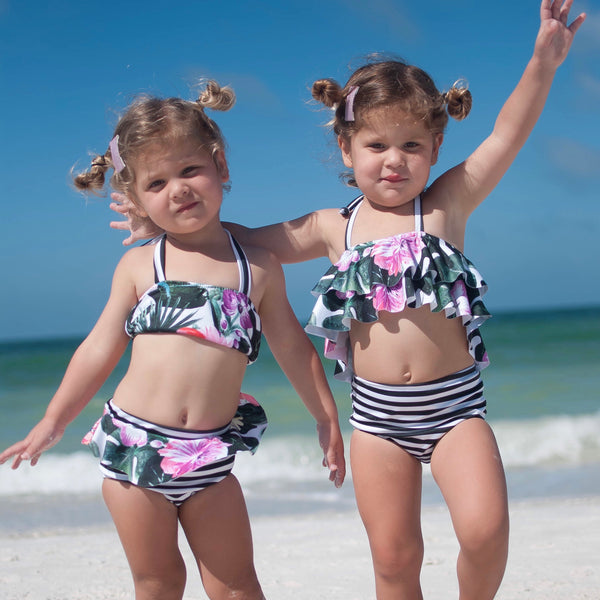 Double Ruffle Halter Bikini Top - Floral Palms & Stripes