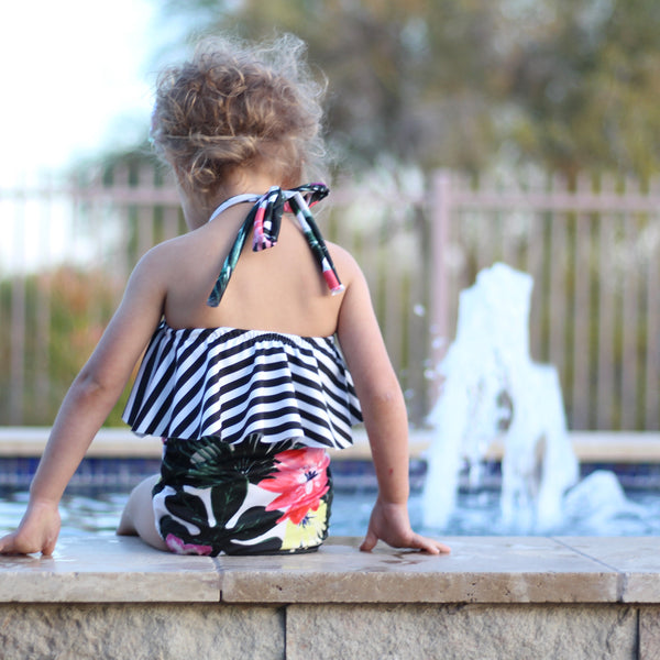 One Piece Ruffle Halter Swimsuit - Floral Palm Leaves & Stripes