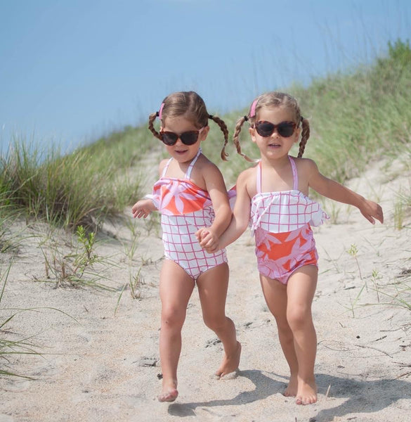 Ruffle Halter Swimsuit - Coral Floral/Pink Grid