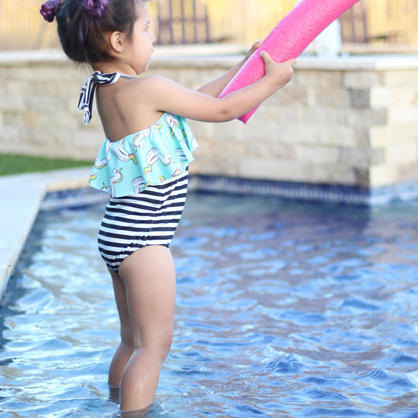 One Piece Ruffle Halter Swimsuit - Unicorn Float & Stripes
