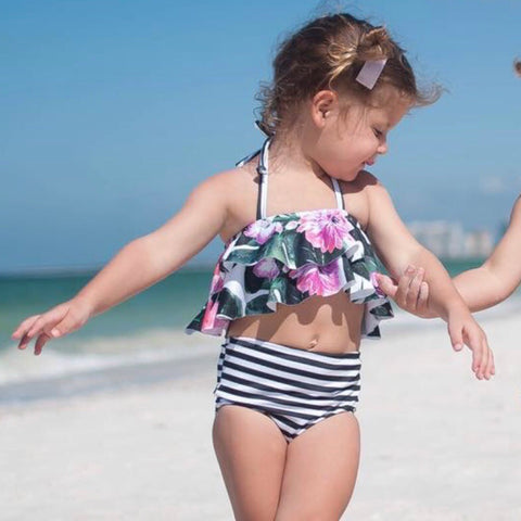 Double Ruffle Halter Bikini Top - Floral Palms & Stripes