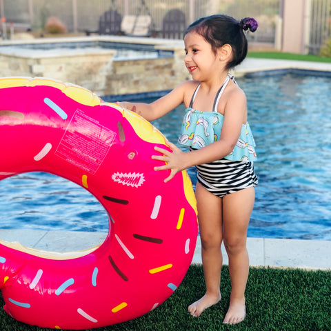 One Piece Ruffle Halter Swimsuit - Unicorn Float & Stripes