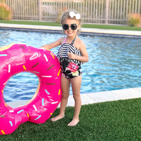 One Piece Ruffle Halter Swimsuit - Floral Palm Leaves & Stripes