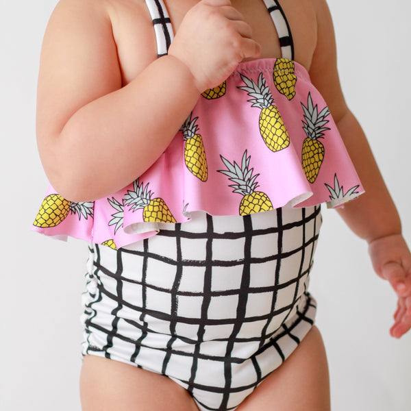One Piece Ruffle Halter Swimsuit -Pineapple & B/W Grid