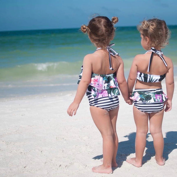 Double Ruffle Halter Bikini Top - Floral Palms & Stripes